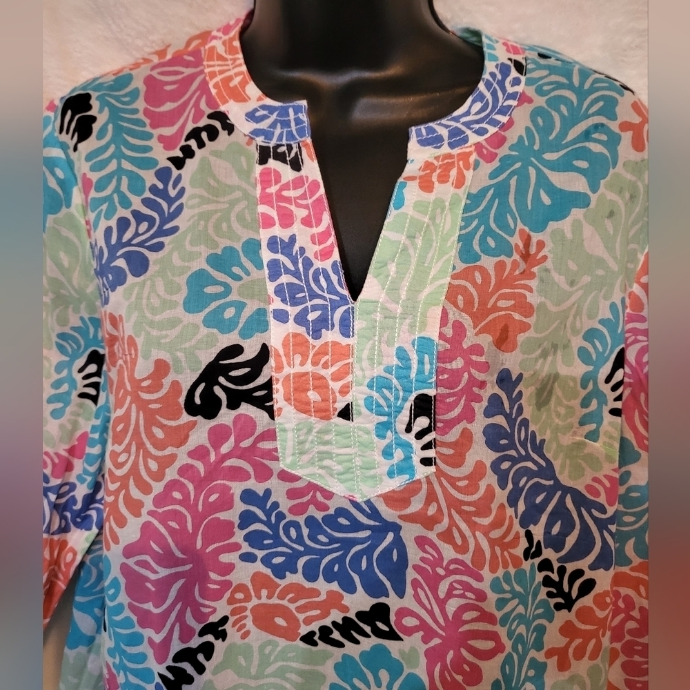 Talbots Petites Pink Blue Floral Print Top Cotton Breezy Popover Tunic Size LP - Picture 2 of 5